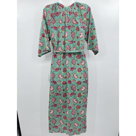 Maisie Tie Waist Midi Dress in Ethnic Floral Sz L Green Pink Boho Beachy Cotton - Picture 3 of 16